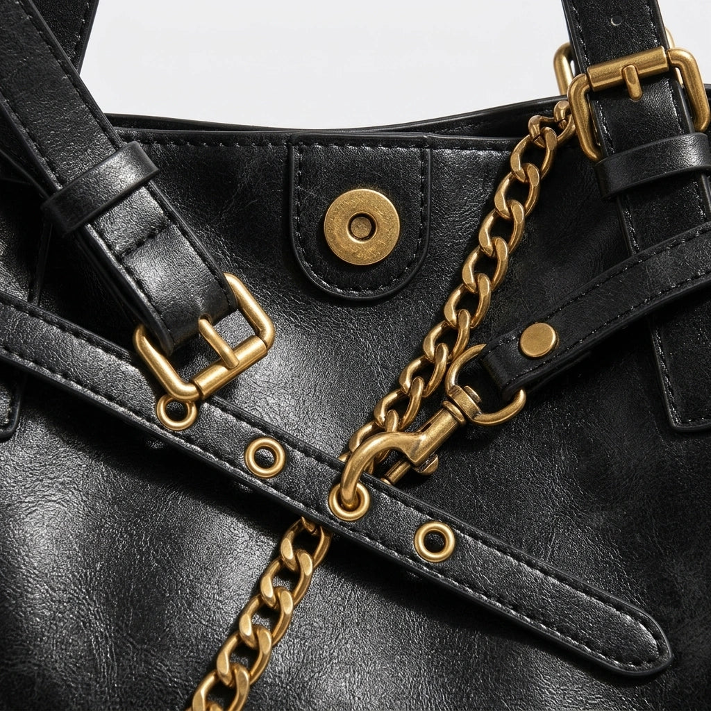 Tote Bag Retro PU Leather Shoulder noir, macro des finitions, détail fermoirs et coutures