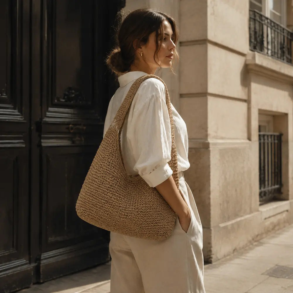 Sac à Main Amandine en raphia naturel porté – lifestyle à Paris