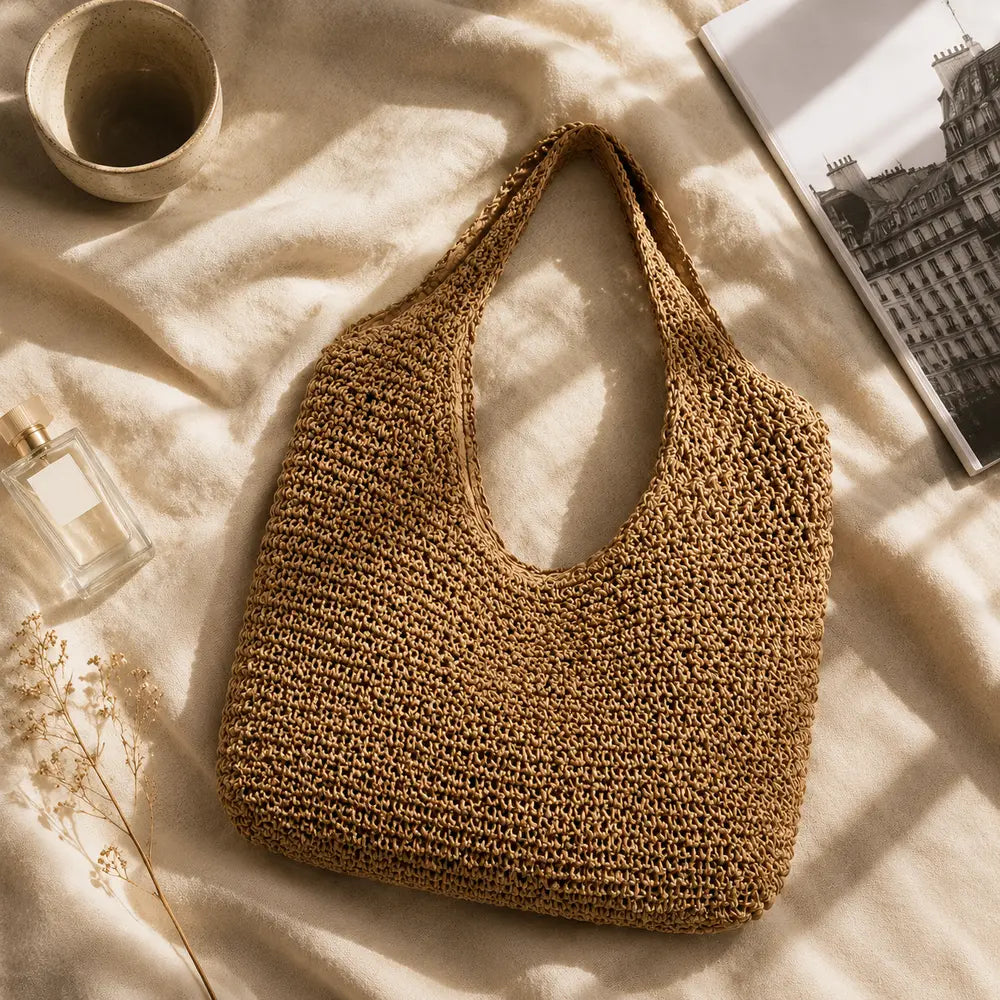 Sac à Main Amandine en raphia naturel – flatlay premium