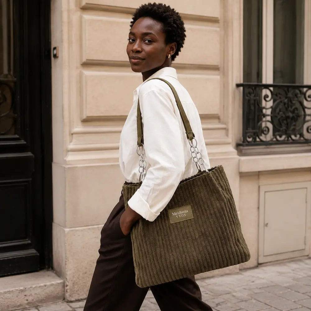 Sac cabas Kaki — Éva porté en situation lifestyle à Paris