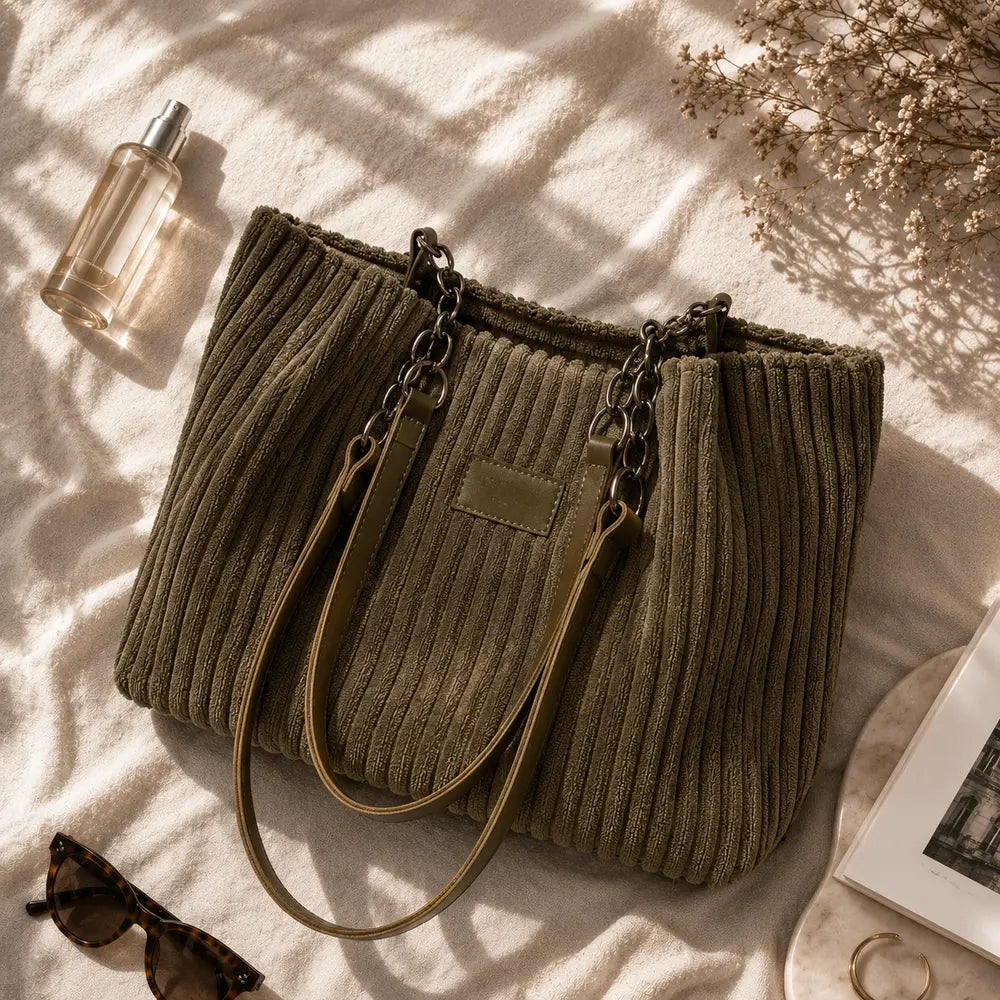Sac cabas Kaki — Éva en flatlay éditorial ENNA