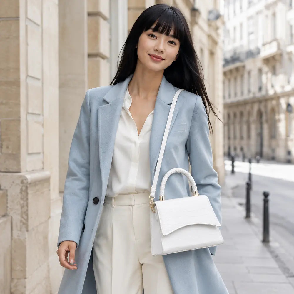 Petit sac Agathe blanc porté en lifestyle à Paris