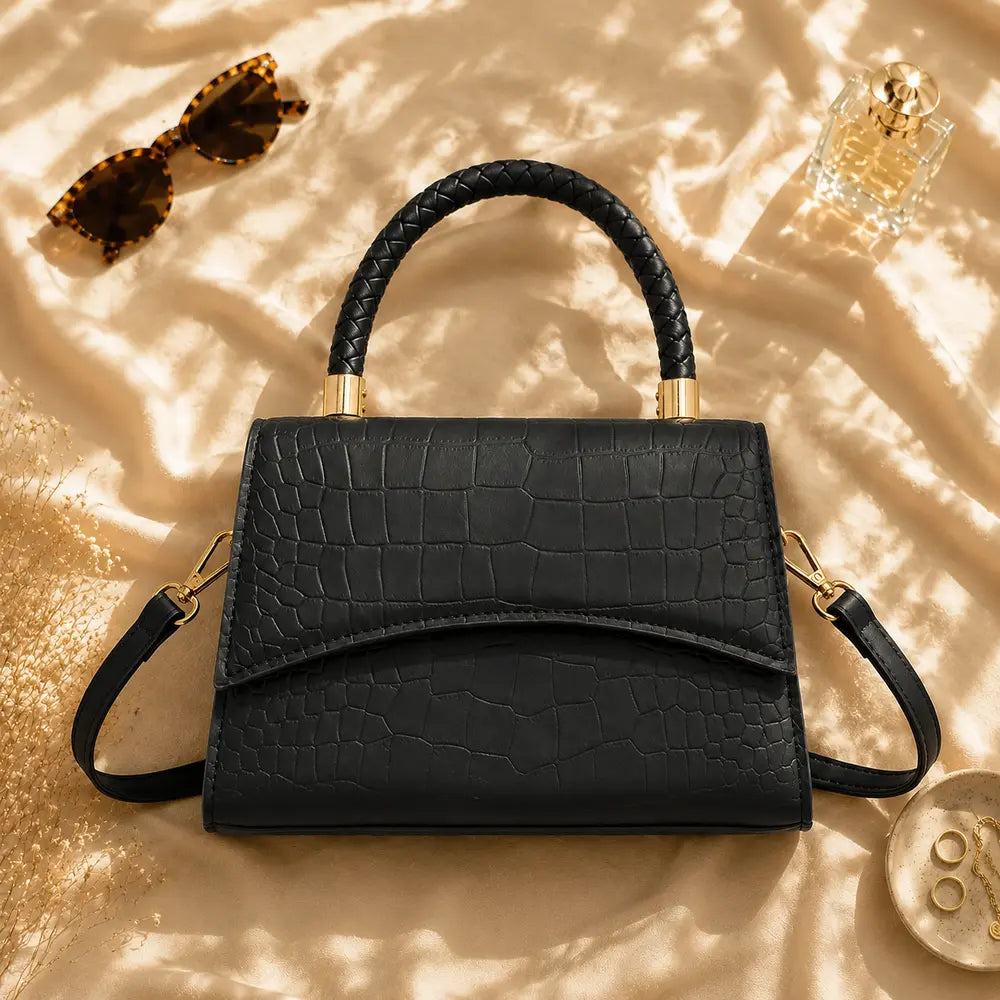 Petit sac à main effet crocodile Agathe noir en flatlay éditorial