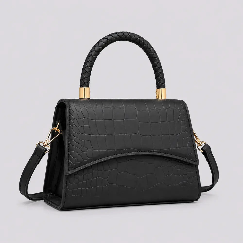 Petit sac à main effet crocodile Agathe noir, vue trois quarts