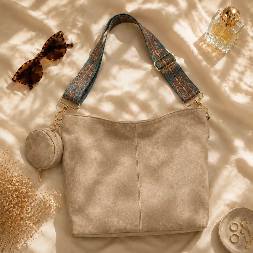 Sac bandoulière vintage Aliénor kaki en flatlay éditorial