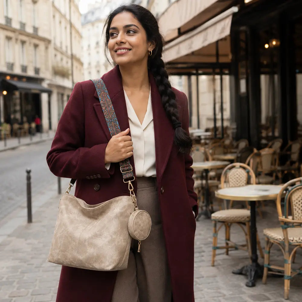 Sac bandoulière vintage Aliénor kaki porté en lifestyle à Paris