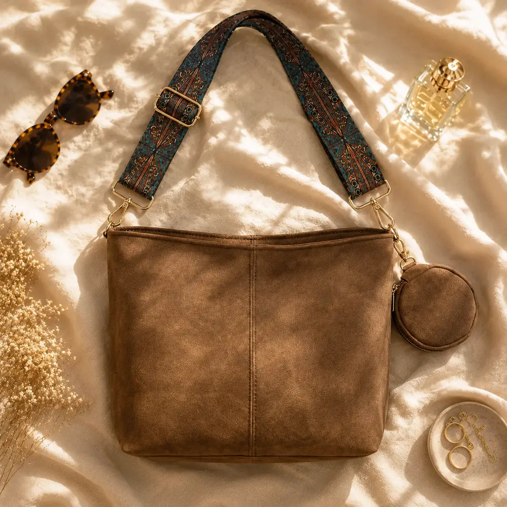 Sac bandoulière vintage Aliénor marron en flatlay éditorial