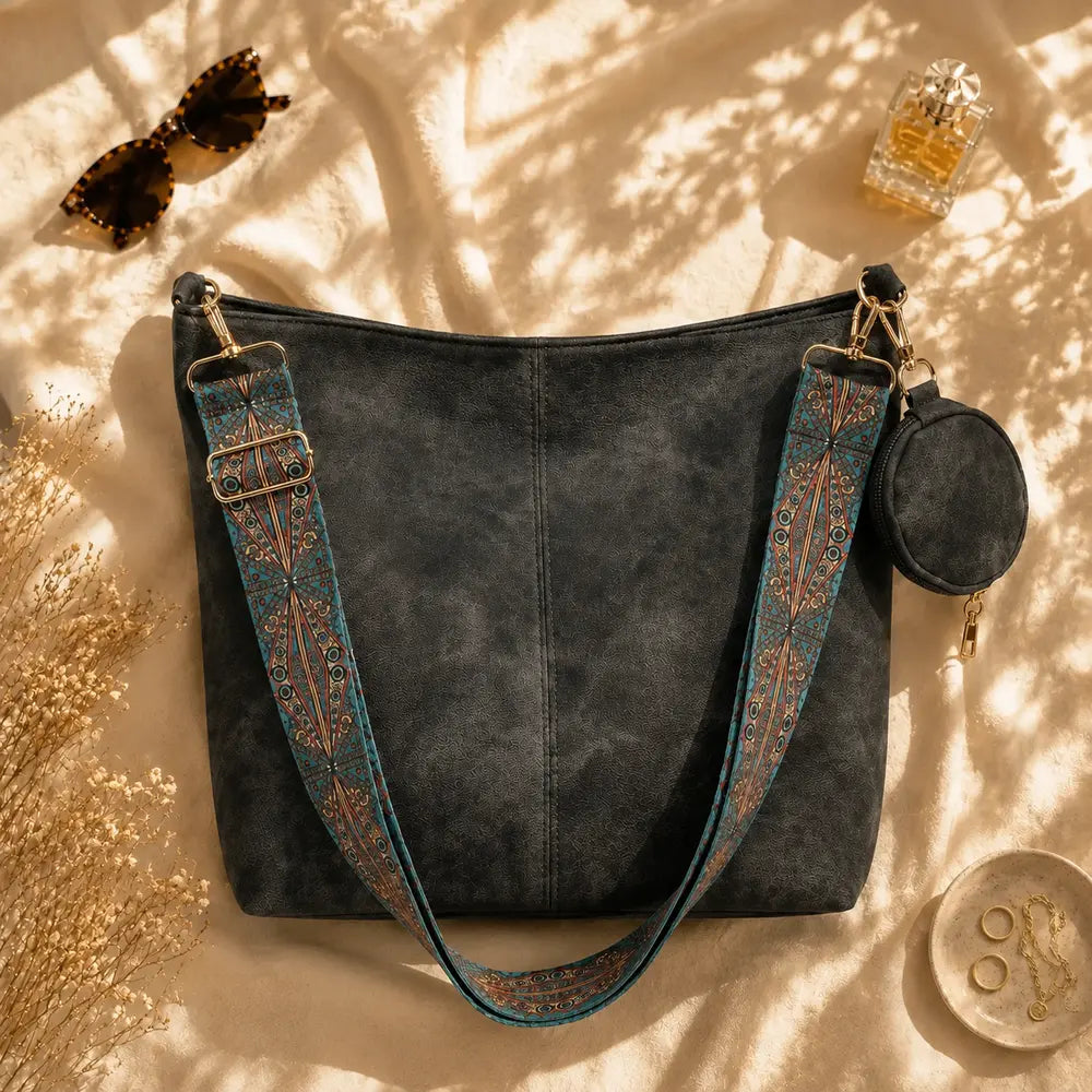 Sac bandoulière vintage Aliénor noir en flatlay éditorial
