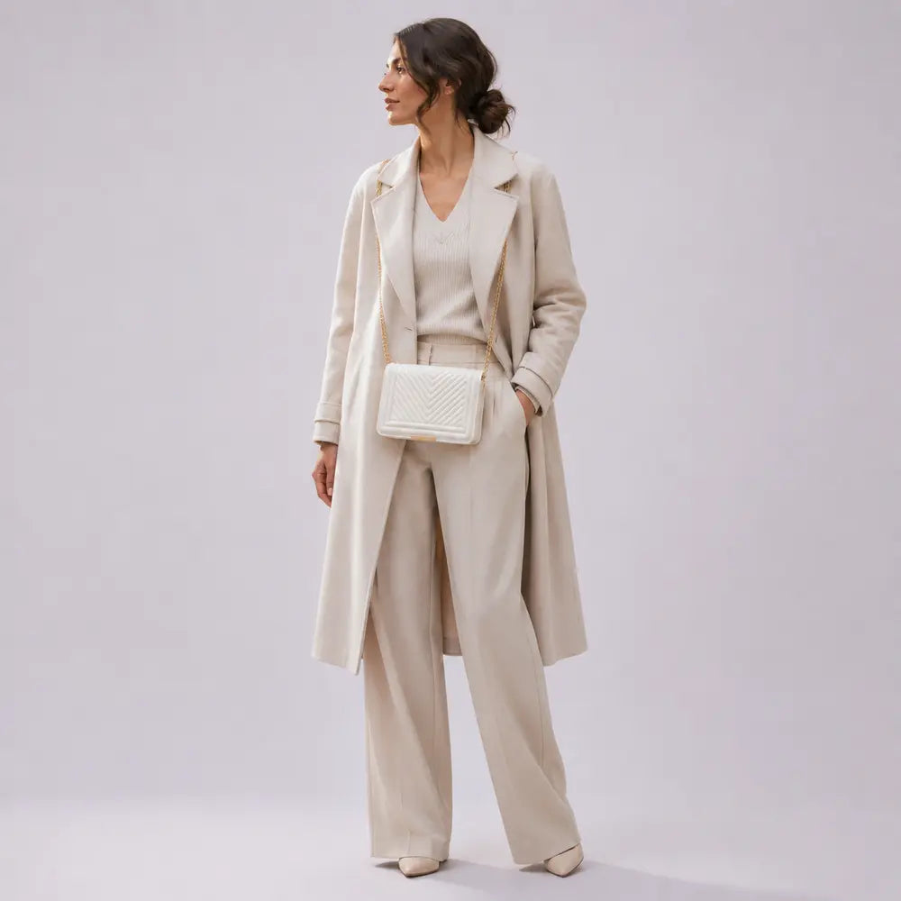 Petit sac bandoulière Anaëlle Blanc cassé porté en studio plein pied