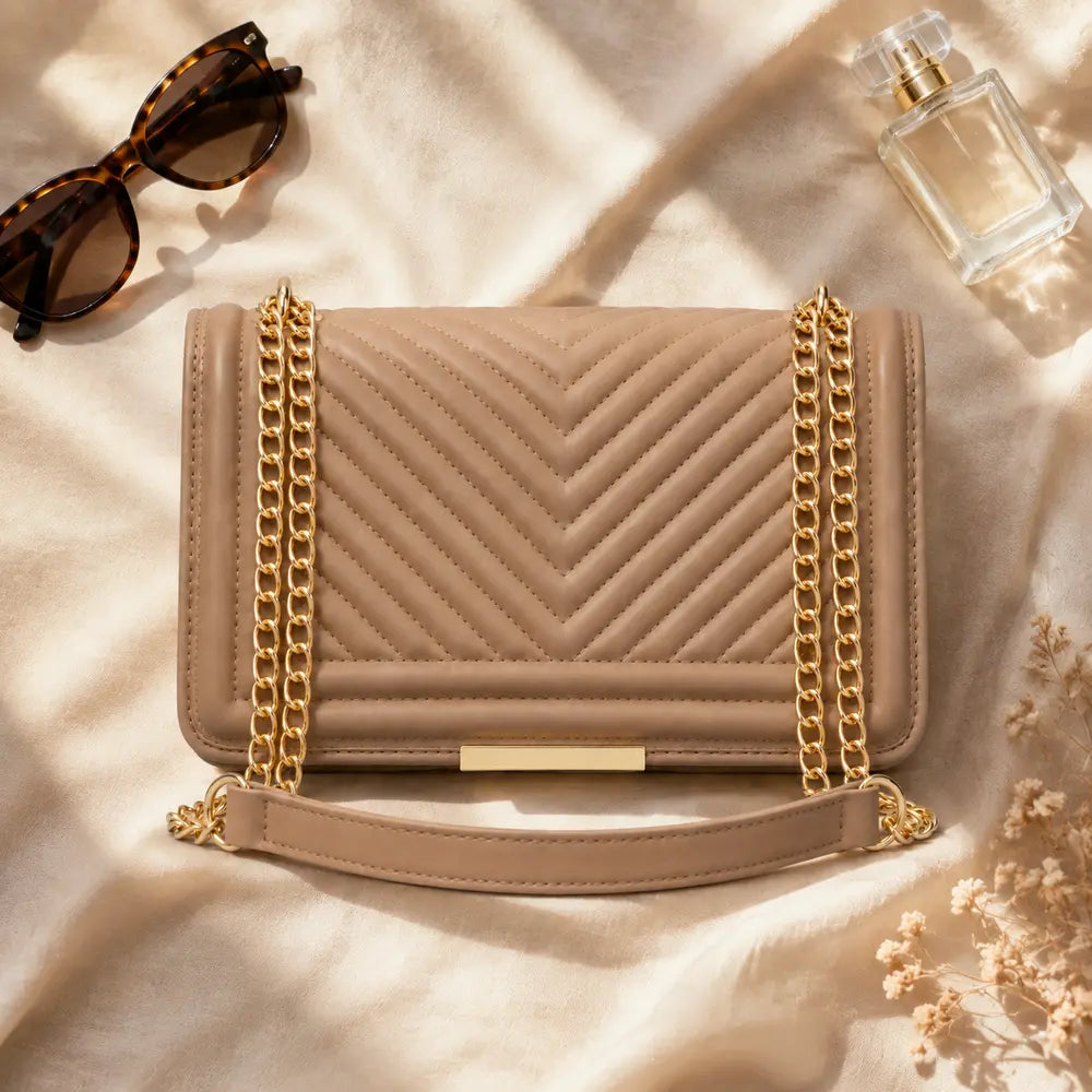 Petit sac bandoulière Anaëlle Marron clair, packshot premium flatlay