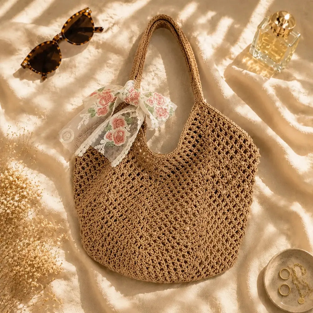Sac en crochet à nœud — Apolline, flatlay éditorial ENNA