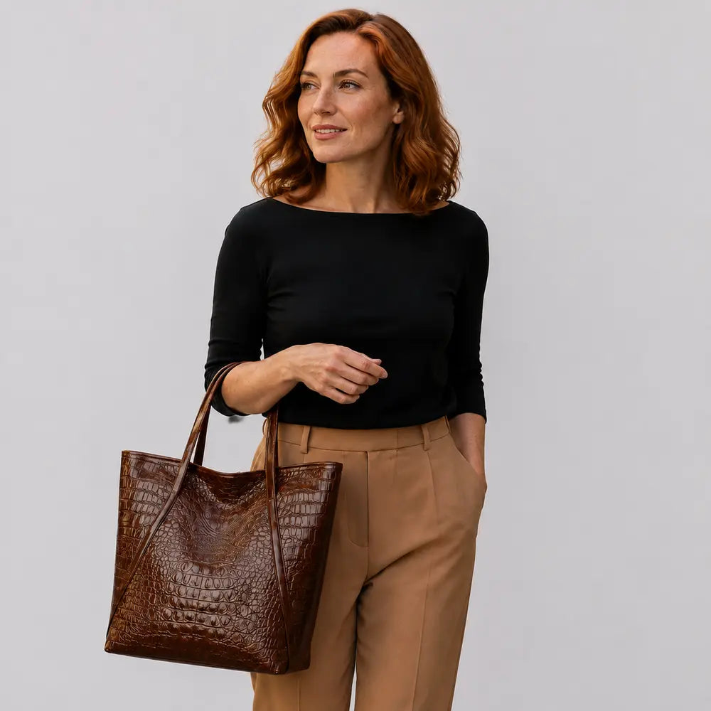 Sac à main Marron — Arielle, porté en studio, cadrage buste