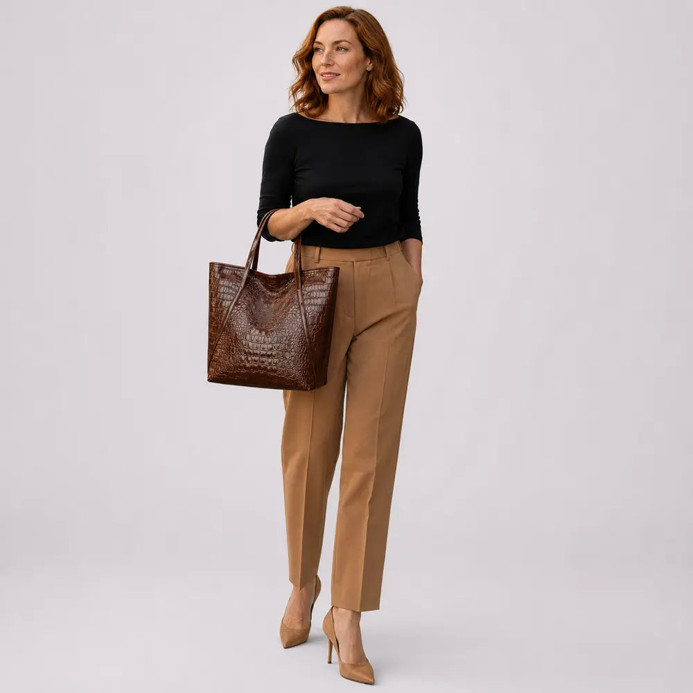 Sac à main Marron — Arielle, porté en studio, plein pied
