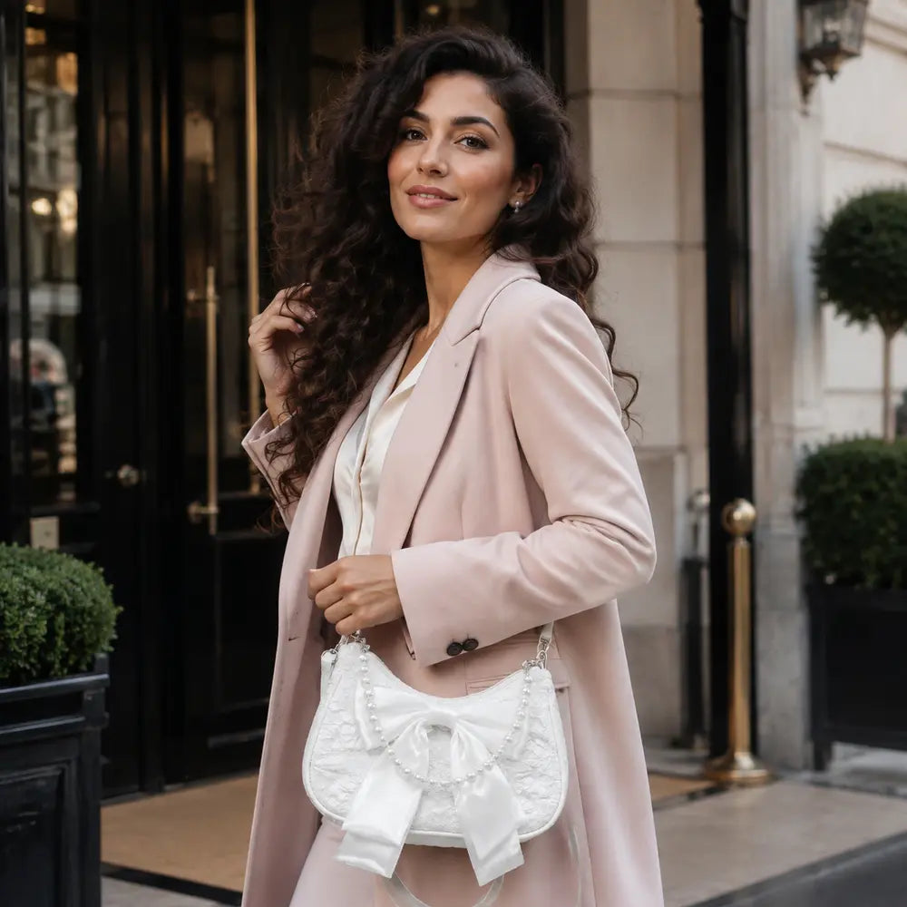 Sac à main perlé Célestine blanc porté en lifestyle à Paris