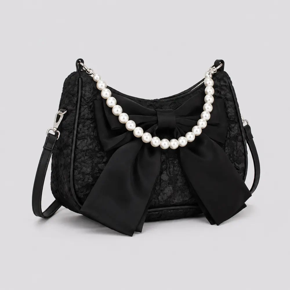 Sac à main perlé Célestine noir, vue trois quarts