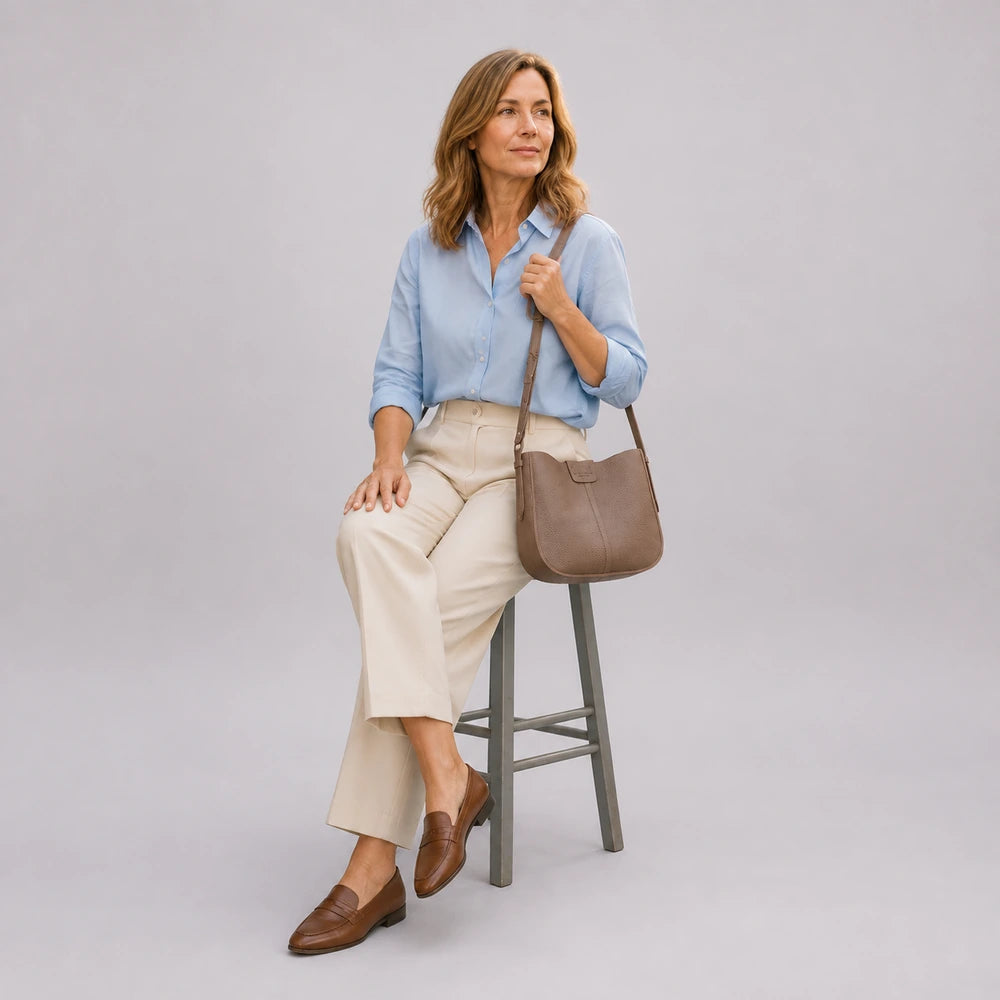 Sac bandoulière Taupe — Aveline, porté studio plein pied — ENNA PARIS