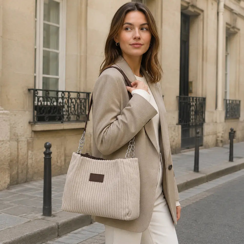 Sac à main Daphné Beige porté dans une rue parisienne