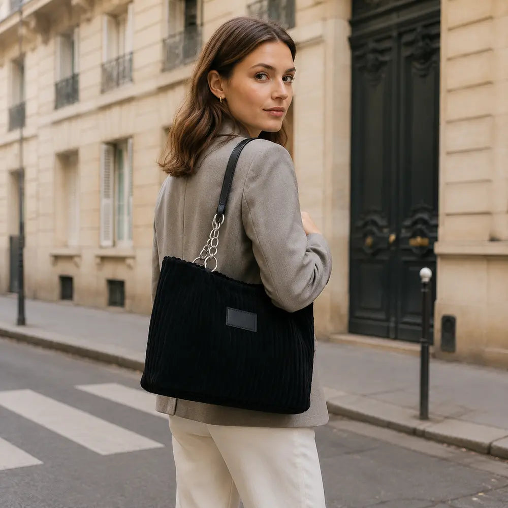 Sac à main Daphné Noir porté dans une rue parisienne