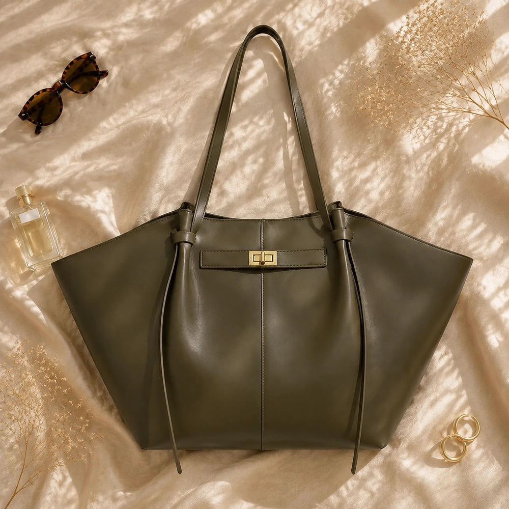 Sac cabas Kaki — Eudoxie, flatlay premium — ENNA PARIS