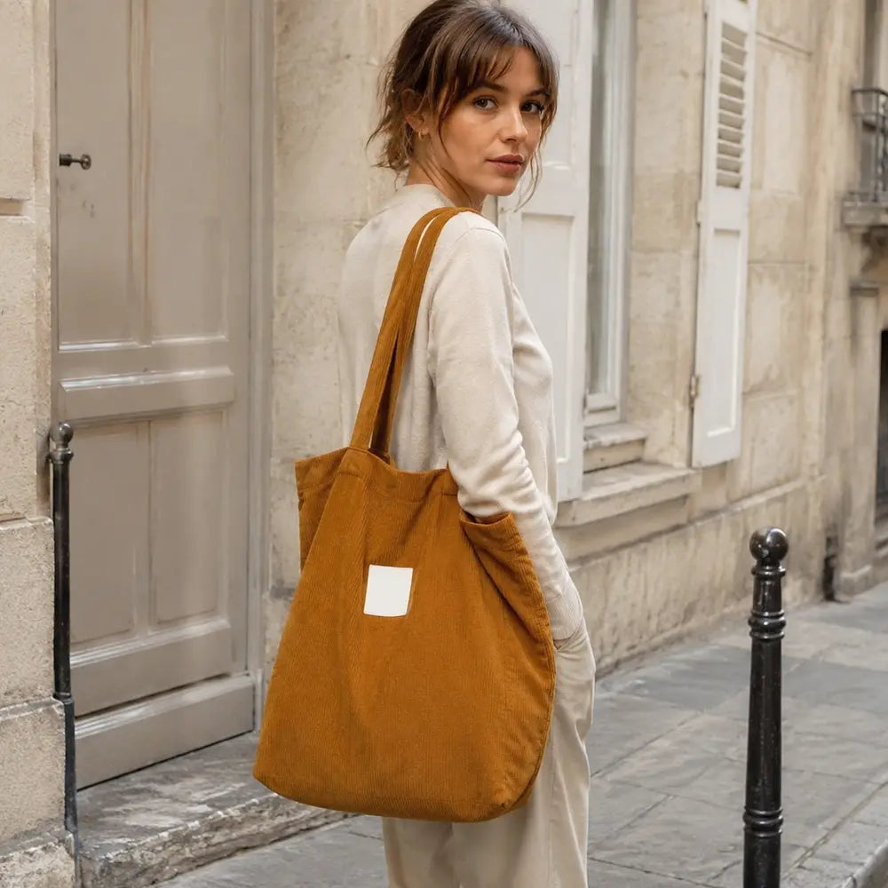 Sac cabas Mélina Camel porté dans une rue parisienne