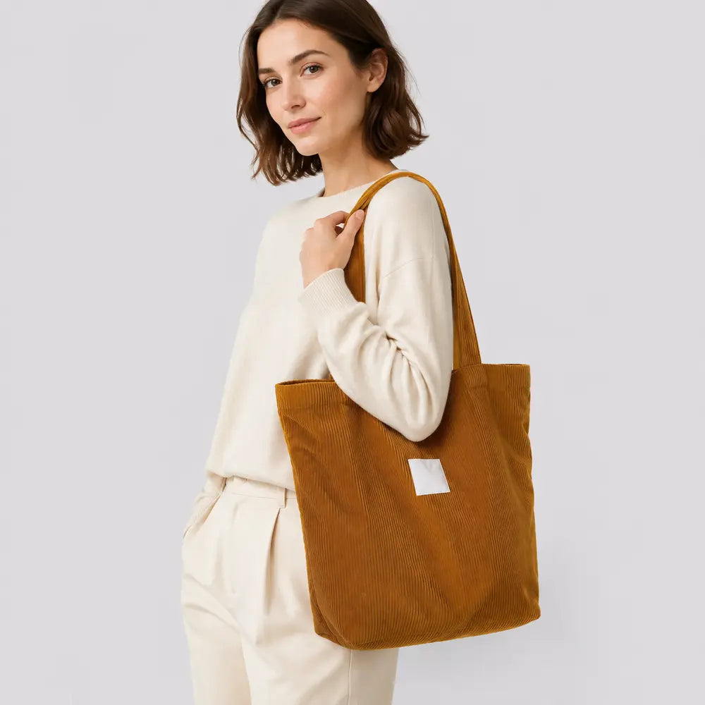 Sac cabas Mélina Camel porté en studio, cadrage buste