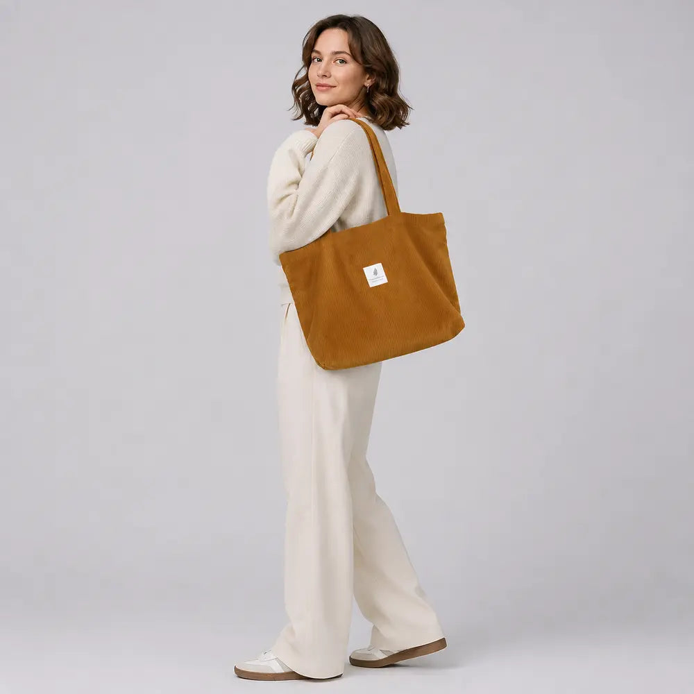 Sac cabas Mélina Camel porté en studio plein pied