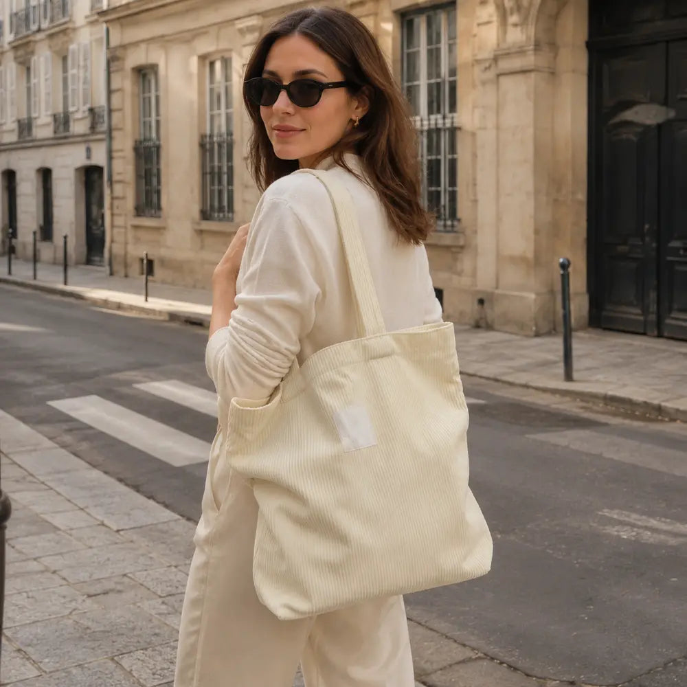 Sac cabas Mélina Crème porté dans une rue parisienne