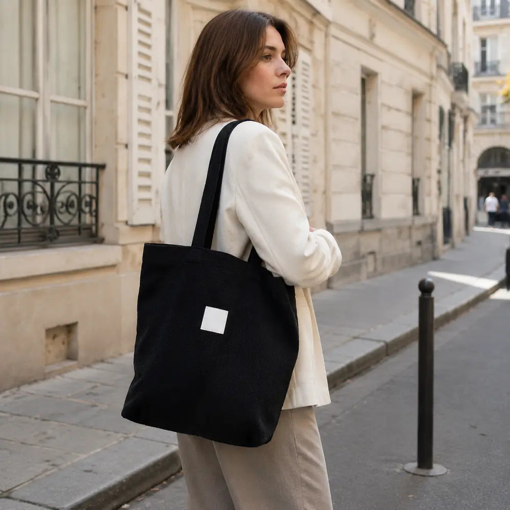 Sac cabas Mélina Noir porté dans une rue parisienne