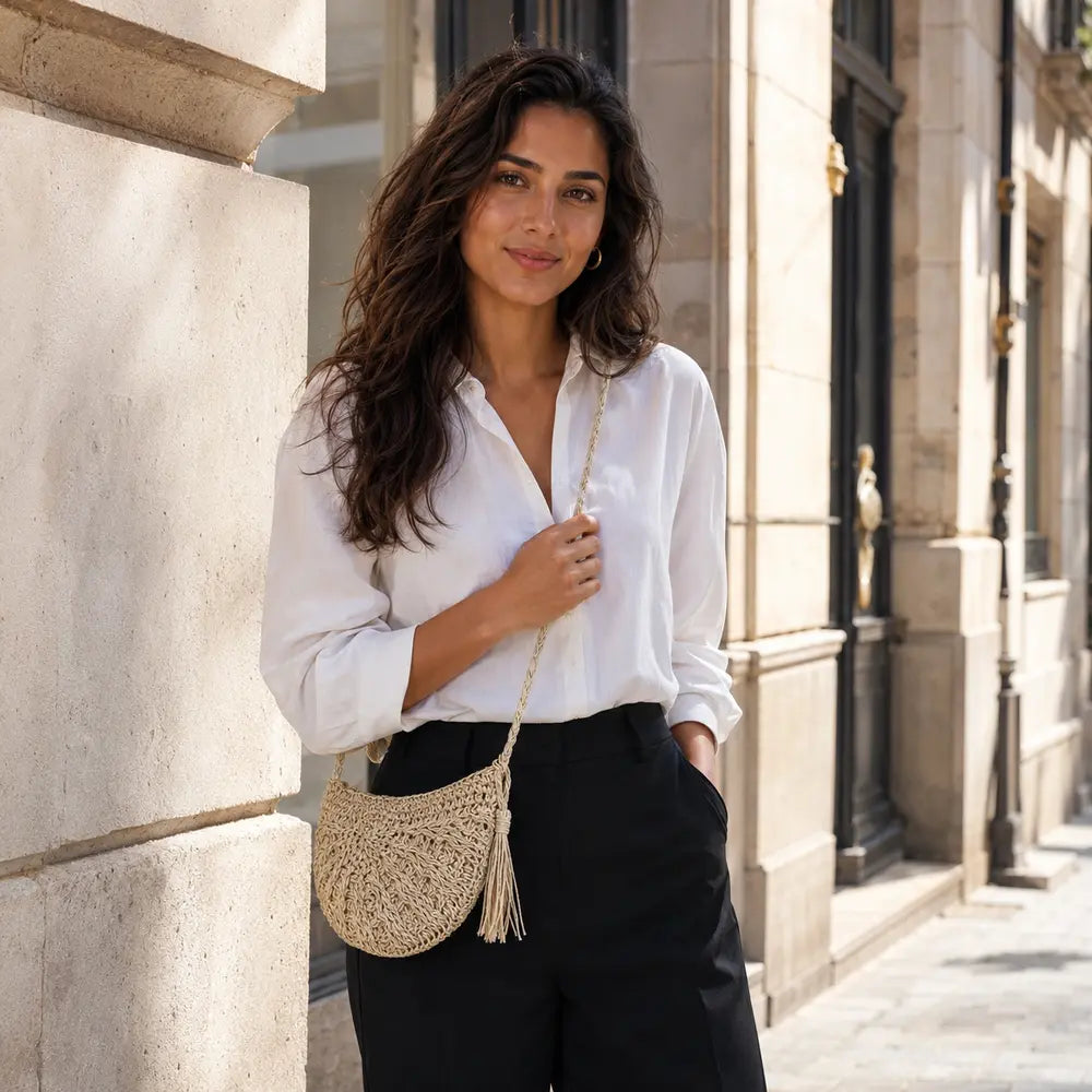 Petit sac à main Beige — Esmée porté en extérieur à Paris