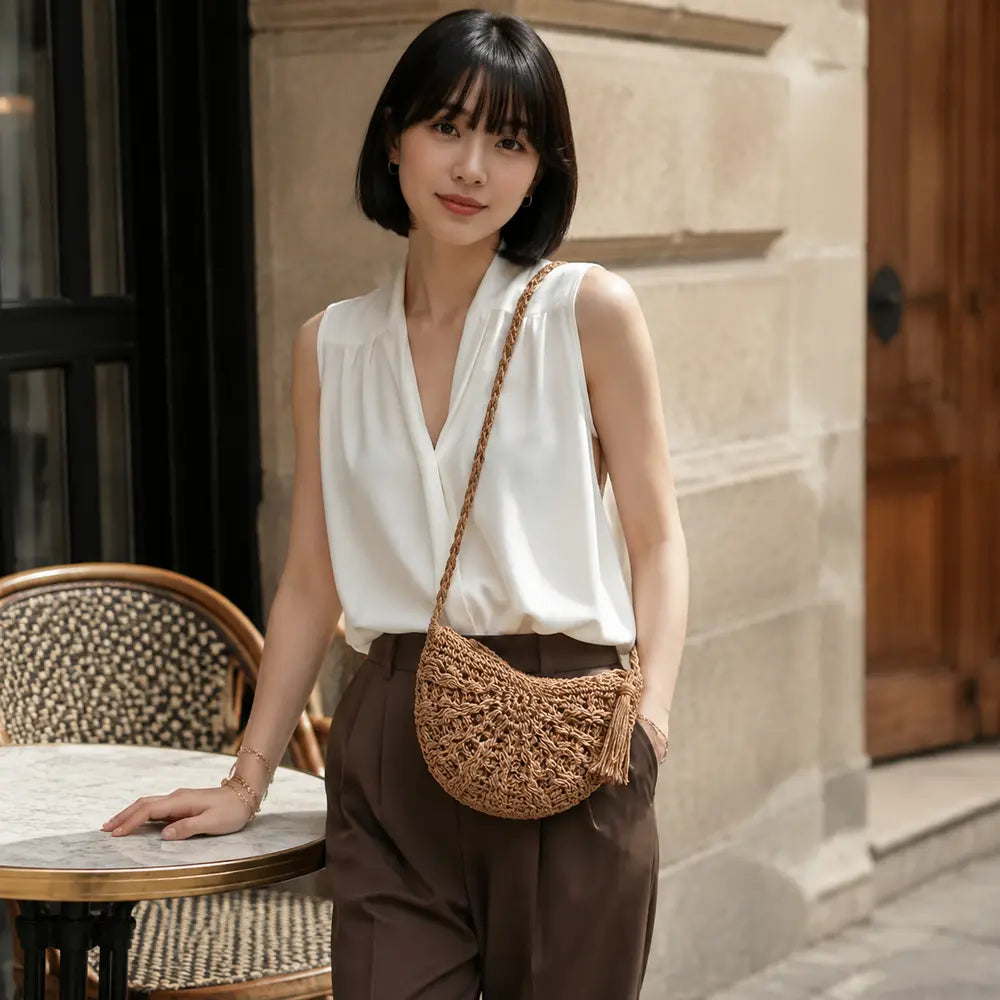Petit sac à main Marron — Esmée, porté en extérieur à Paris