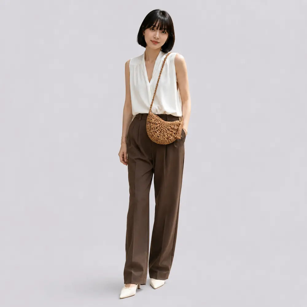 Petit sac à main Marron — Esmée, porté en studio, plein pied
