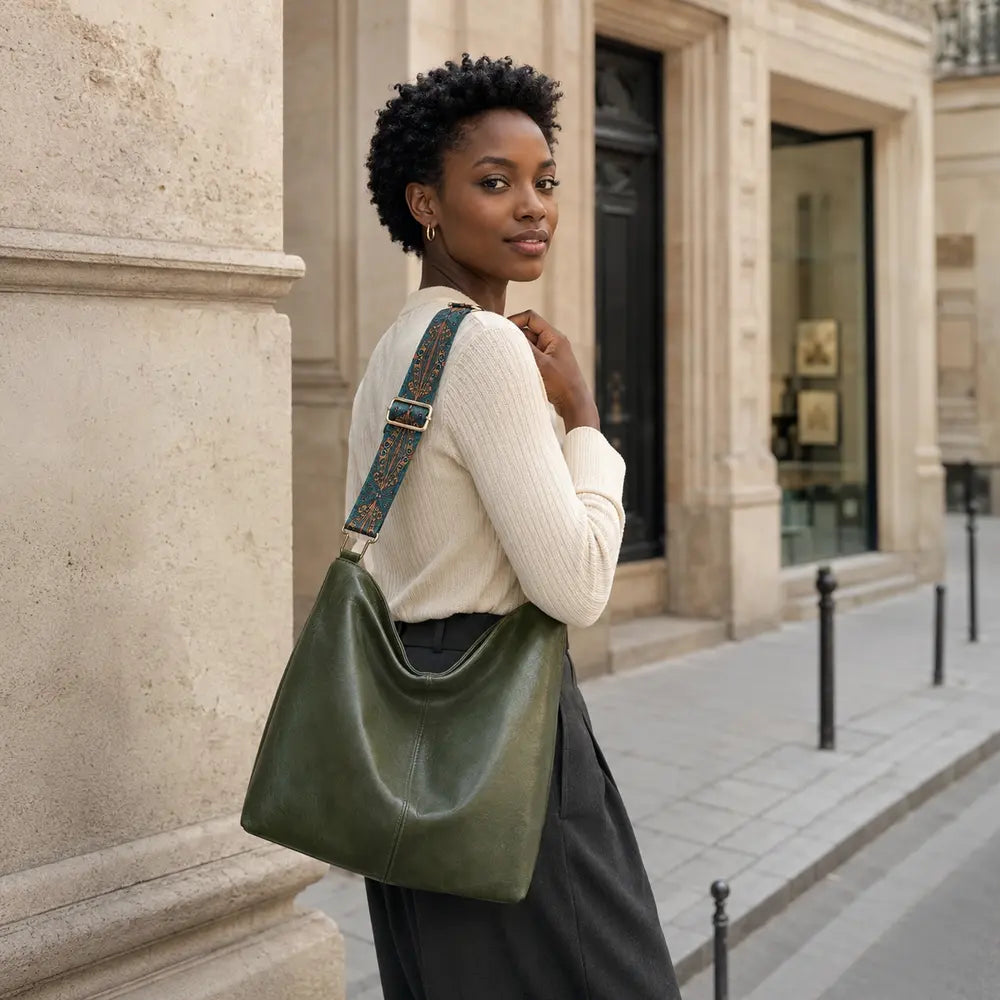 Sac à main Vert kaki — Margaux, porté en extérieur à Paris