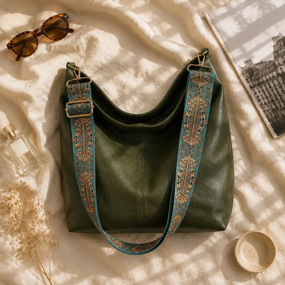 Sac à main Vert kaki — Margaux, flatlay éditorial ENNA