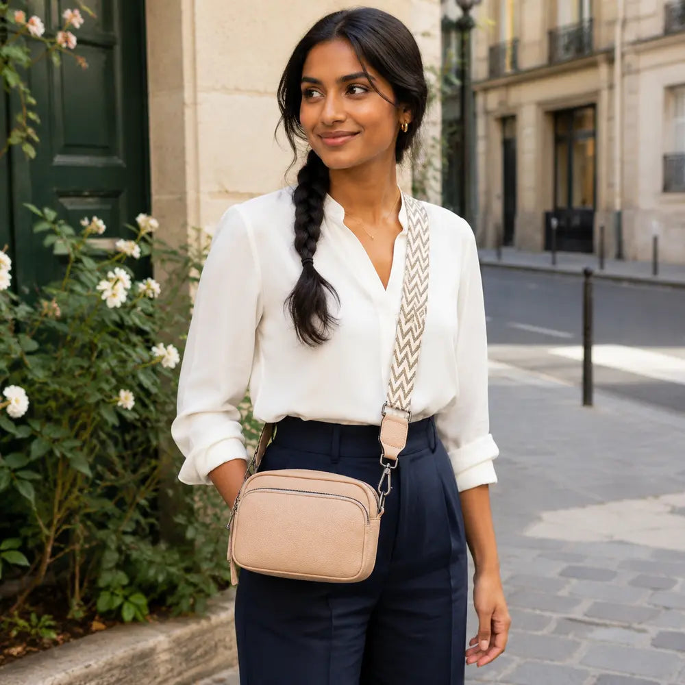 Petit sac à main Beige — Mylène, porté en extérieur à Paris