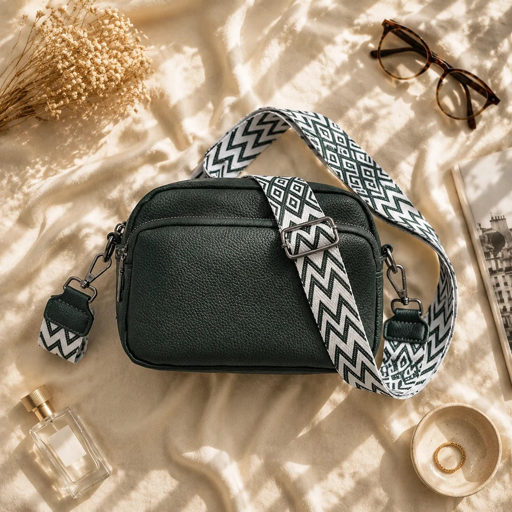 Petit sac à main Vert foncé — Mylène, flatlay éditorial ENNA