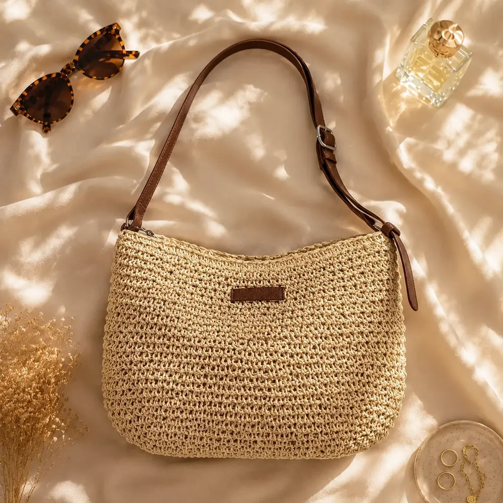 Sac bandoulière en paille Ondine beige en flatlay éditorial