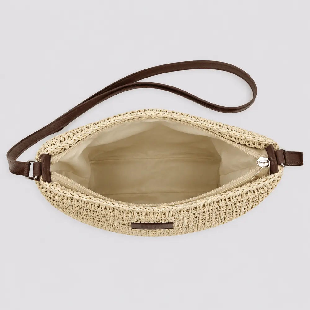 Sac bandoulière en paille Ondine beige, vue ouverte de haut
