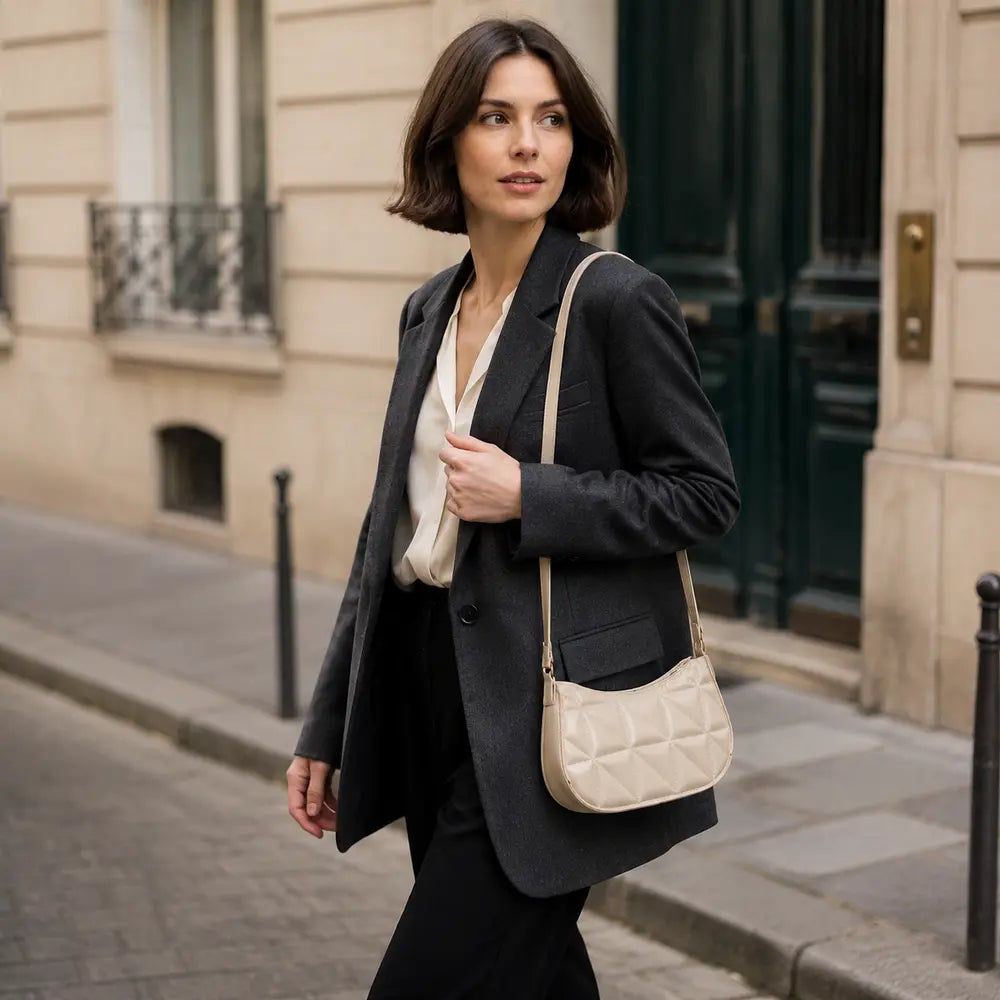 Petit sac à main beige Victoire, porté lifestyle dans une rue parisienne