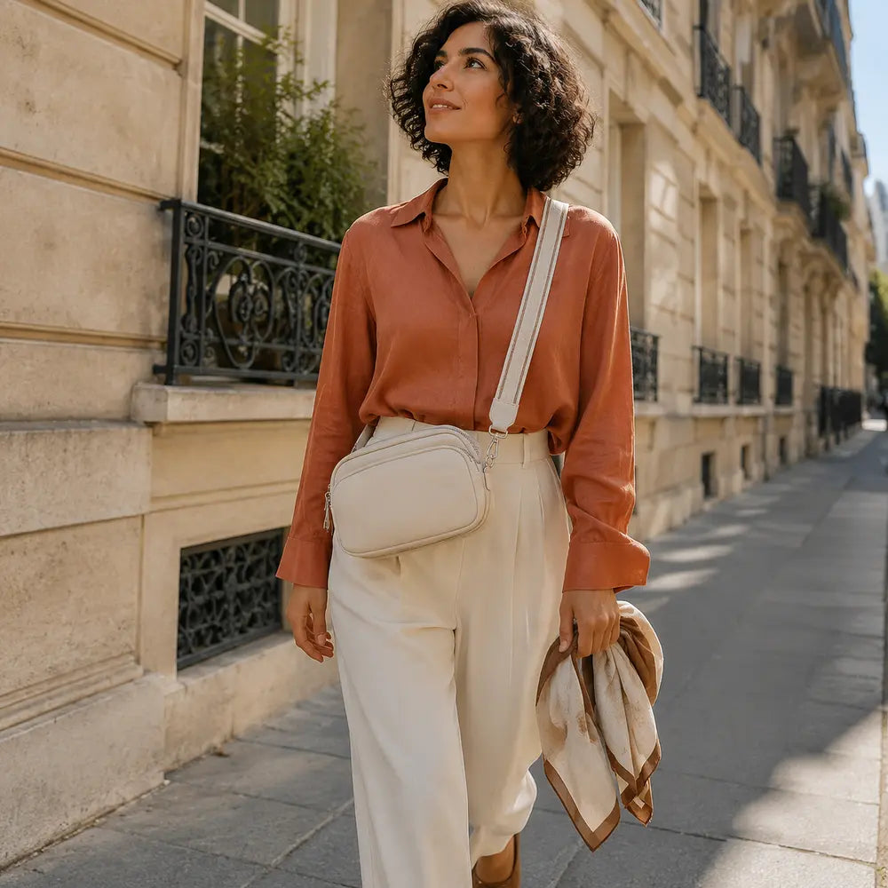 Petit sac à main crème Hermine, porté lifestyle dans une rue parisienne