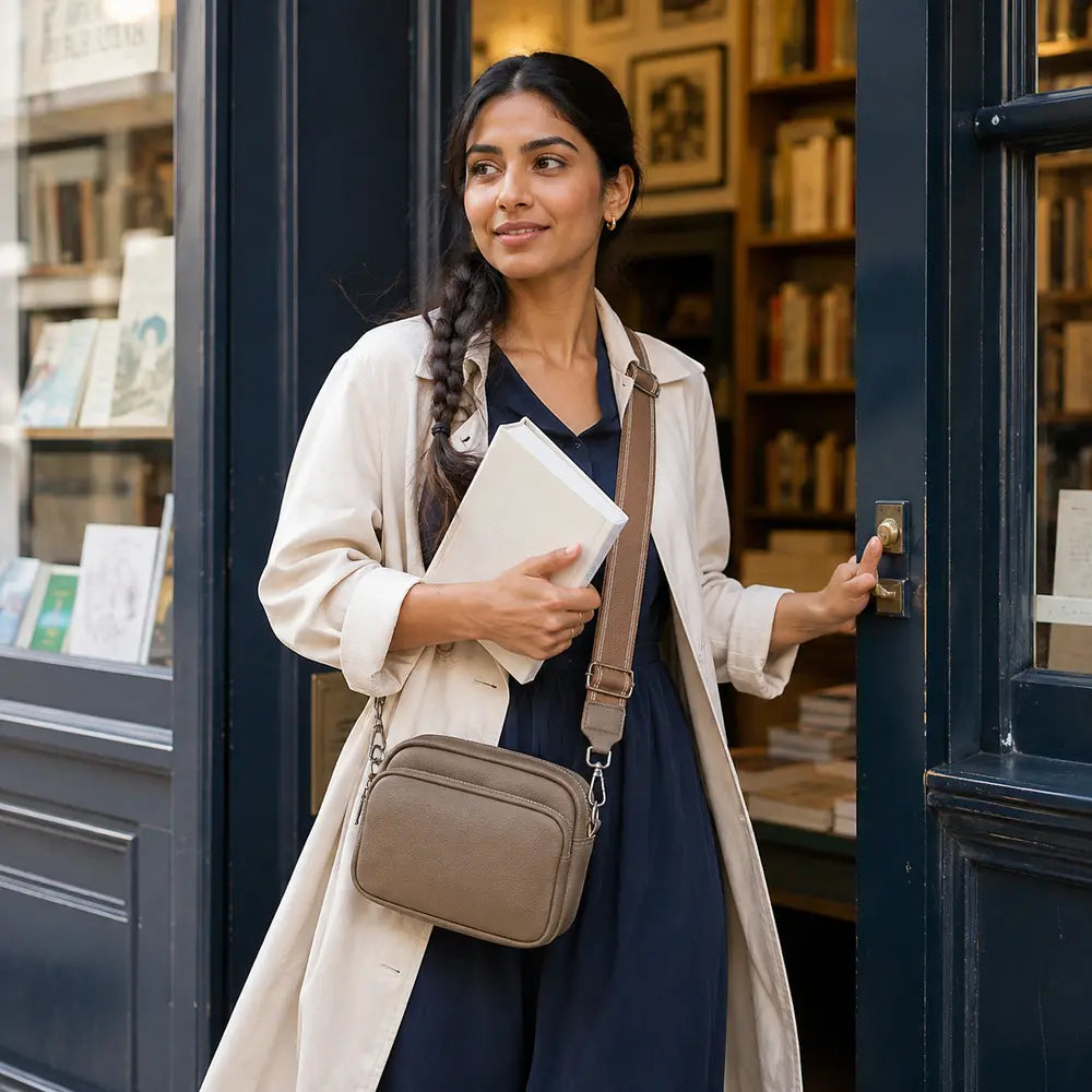 Petit sac à main marron Hermine, porté lifestyle dans une rue parisienne