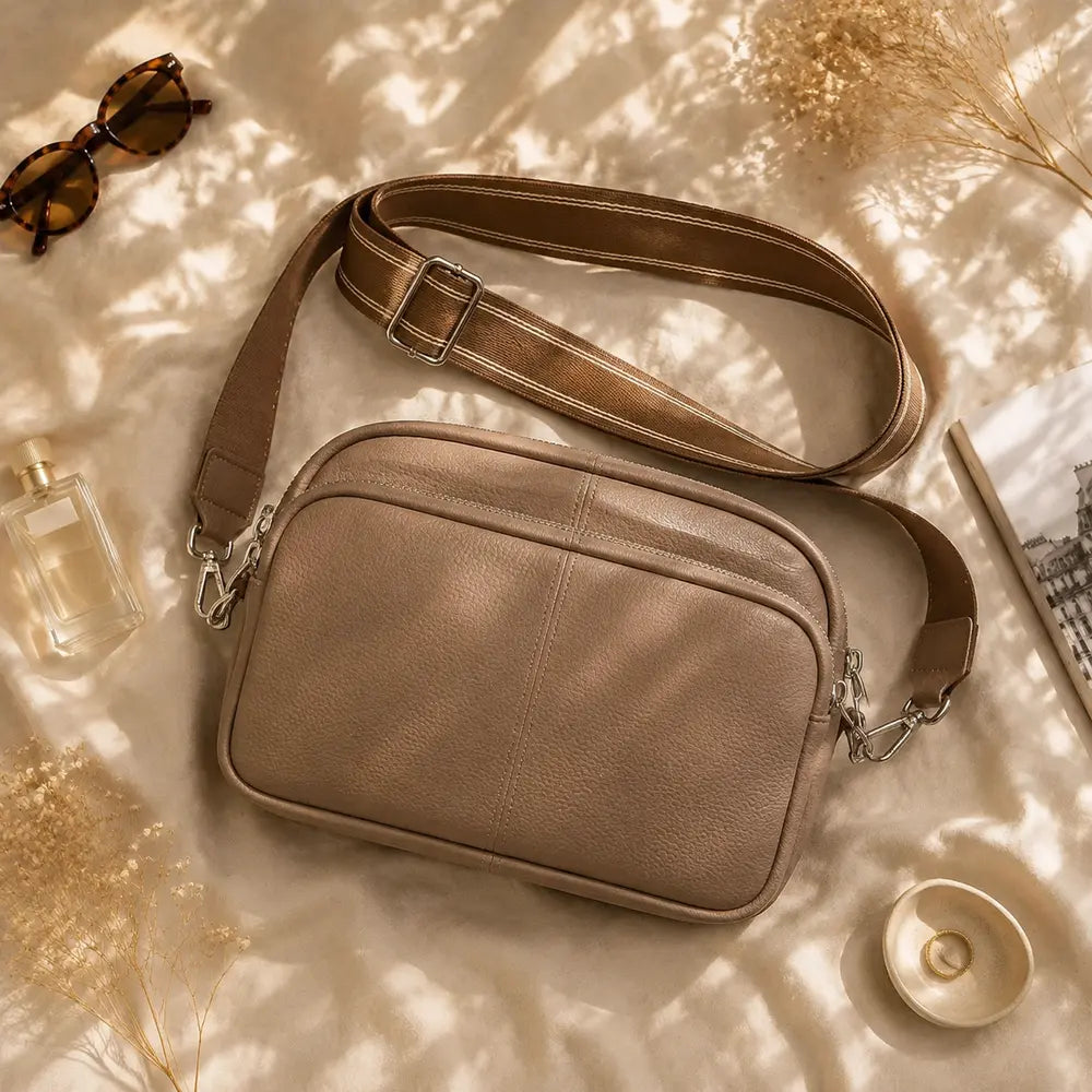 Petit sac à main marron Hermine, flatlay premium sur satin champagne