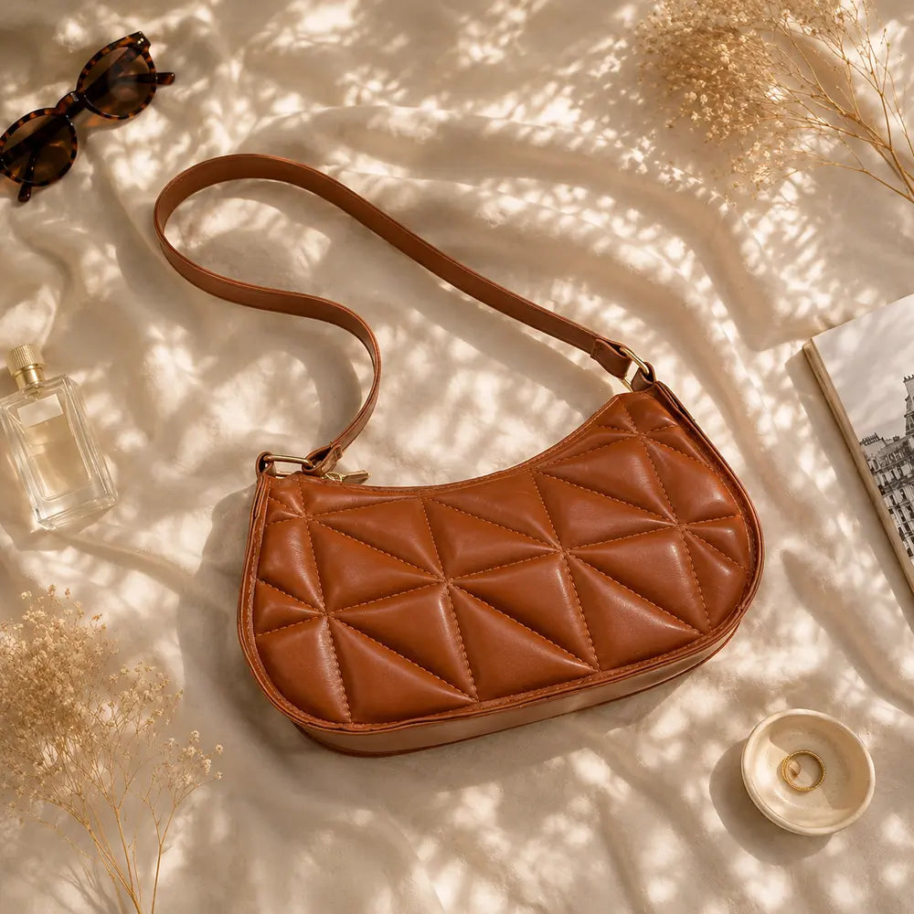 Petit sac à main Marron — Mélusine, flatlay premium ENNA