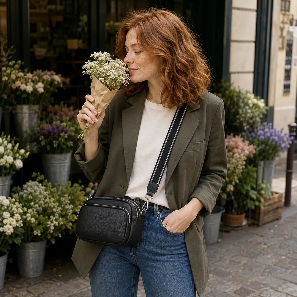 Petit sac à main noir Hermine, porté lifestyle dans une rue parisienne