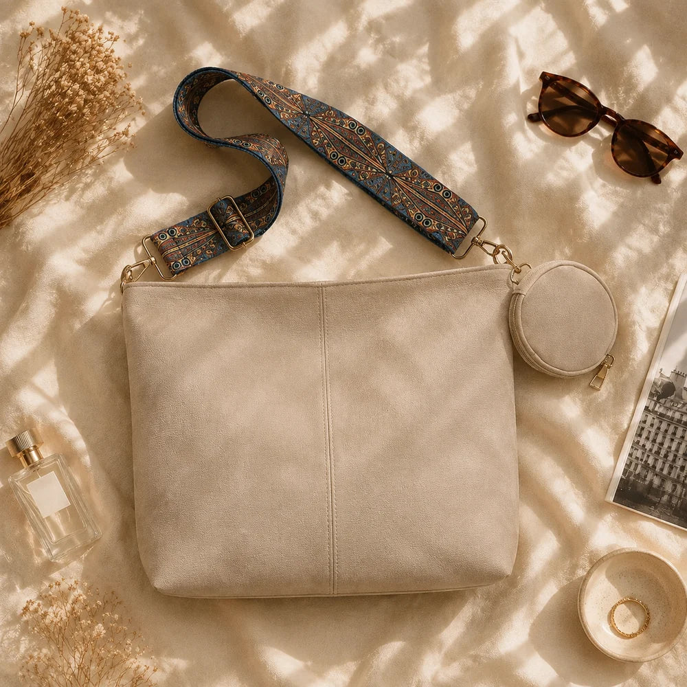 Sac à main Beige — Romane, flatlay éditorial ENNA