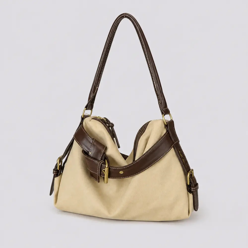 Sac à main beige Bertille, vue ouverte ou profil détaillé sur fond studio neutre