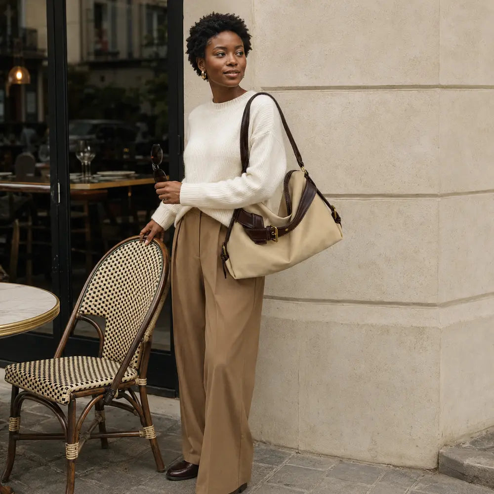 Sac à main beige Bertille, porté lifestyle dans une rue parisienne