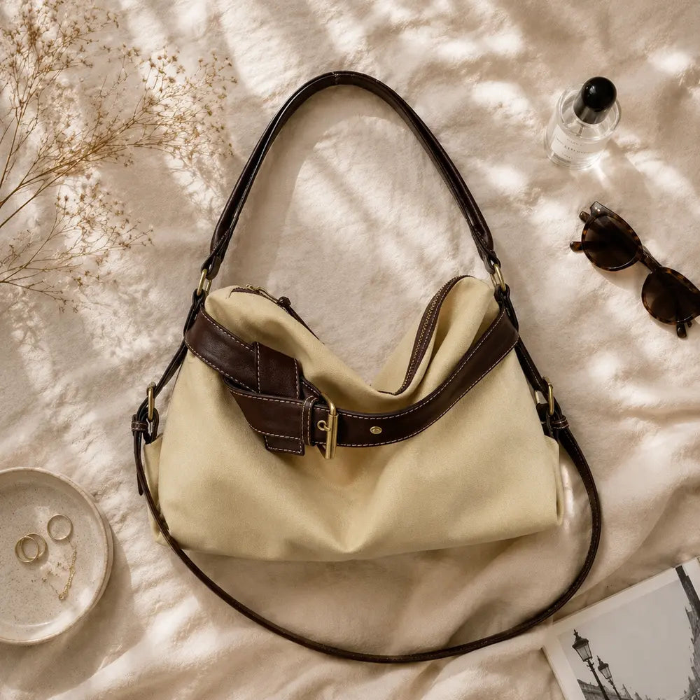 Sac à main beige Bertille, flatlay premium sur satin champagne