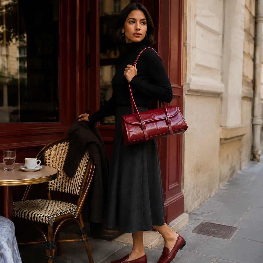 Sac à main bordeaux Nine, porté lifestyle dans une rue parisienne