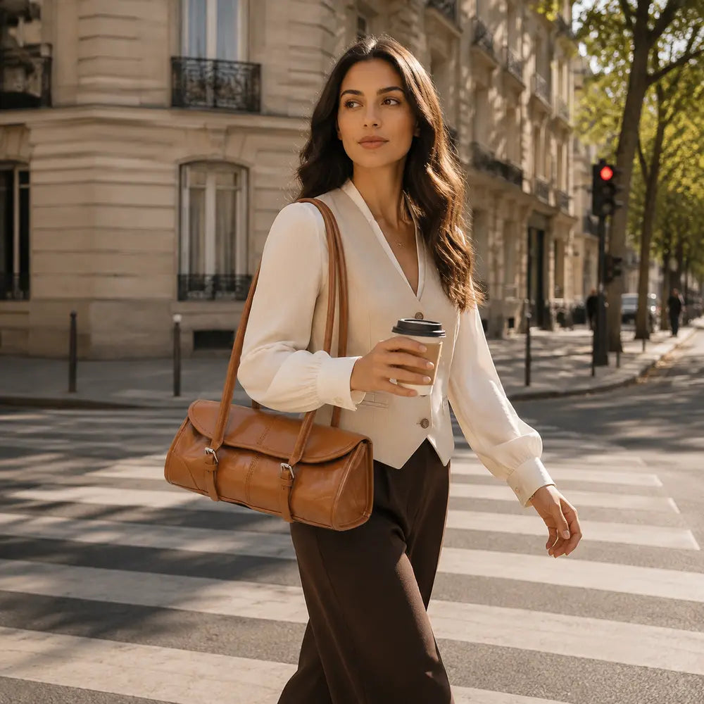 Sac à main marron camel Nine, porté lifestyle dans une rue parisienne