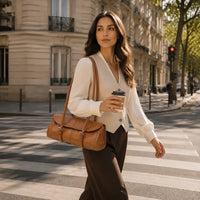 Sac à main marron camel Nine, porté lifestyle dans une rue parisienne